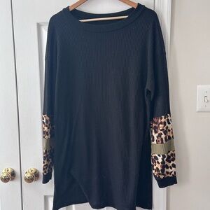 Source Unknown Black Sweater Dress with Leopard Print Sleeves